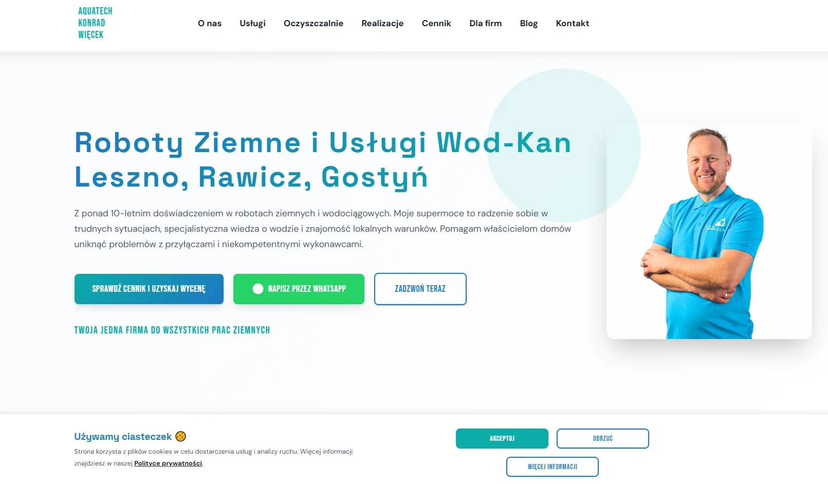 Widok strony internetowej Aquatech dla hydraulika