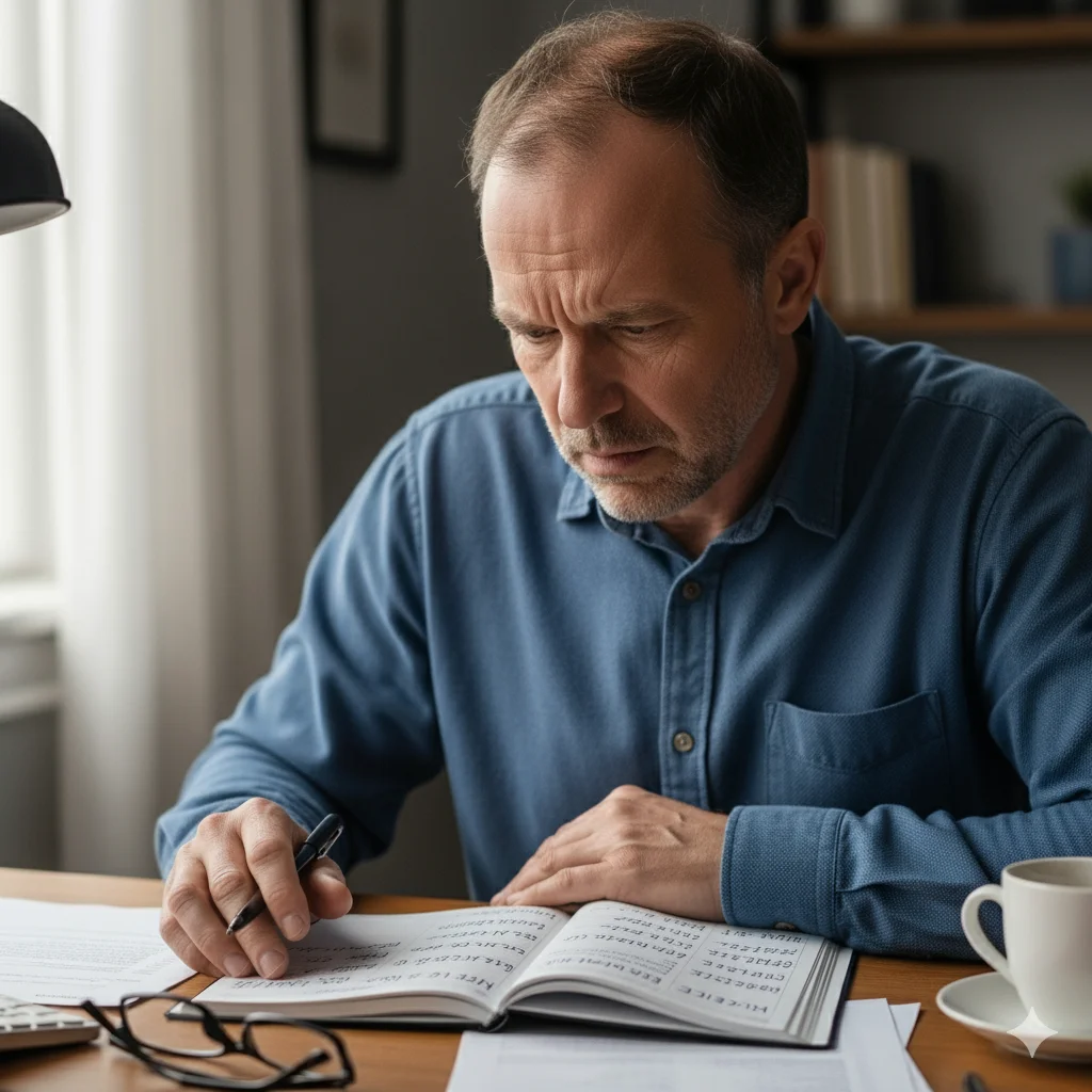 Zamyślony fachowiec z notesem, symbolizujący brak zleceń
