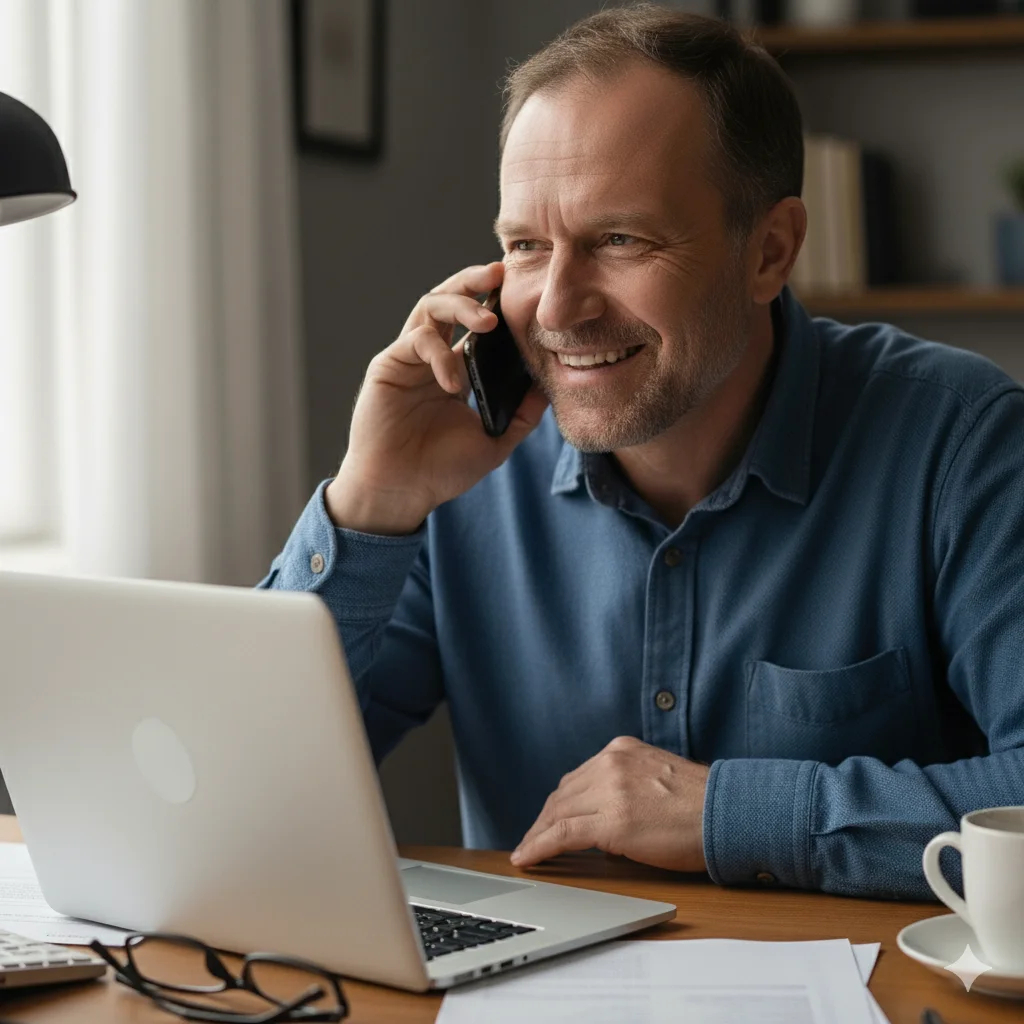 Zadowolony fachowiec odbierający telefon od nowego klienta