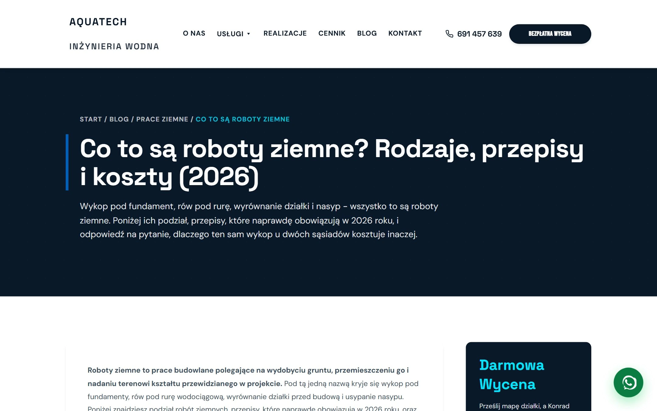 Artykuł poradnikowy o robotach ziemnych na stronie AquaTech
